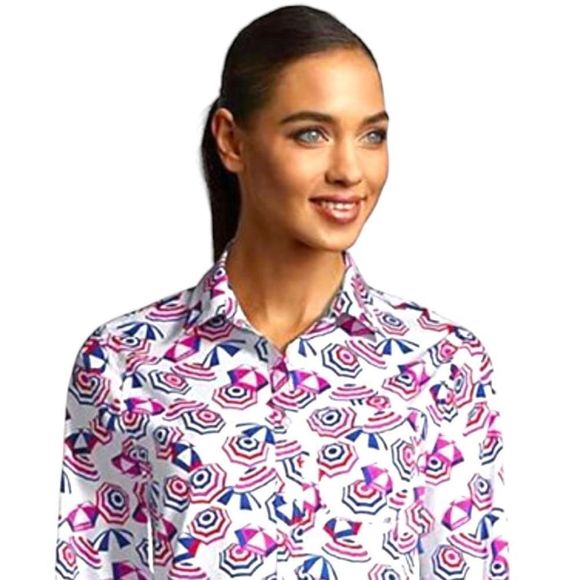 Lands End Women's Multicolor White Beach Umbrella Boyfriend Tunic Medium - Picture 2 of 14